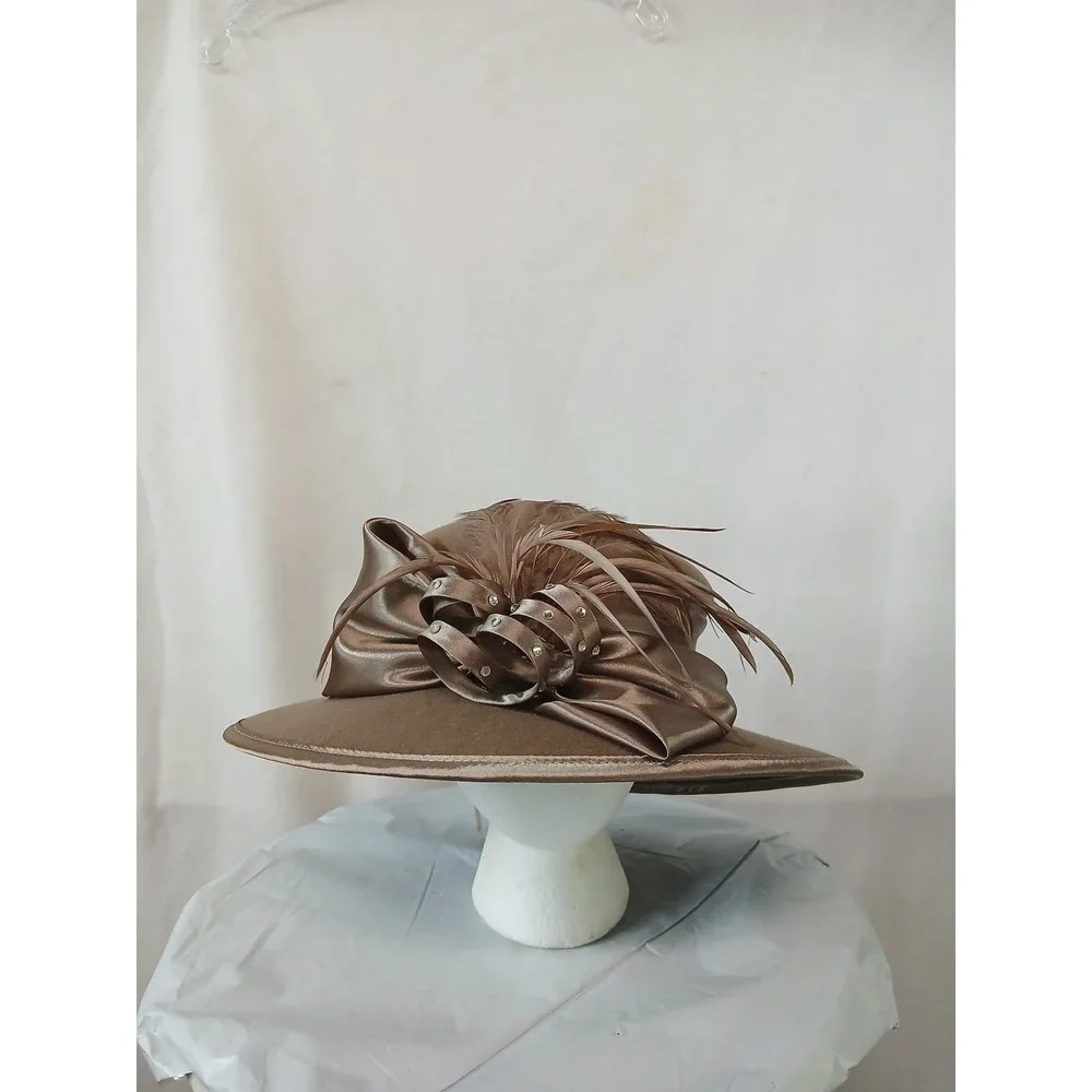 Fine Millinery August Accessories Wool Felt Derby Church Hat Feathers Rhinestone